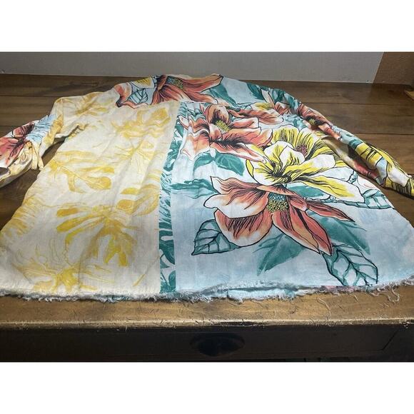 John Mark Womens Top Extra Large Linen Button Up Blouse Cinch Sleeves Art Boho - Picture 13 of 13